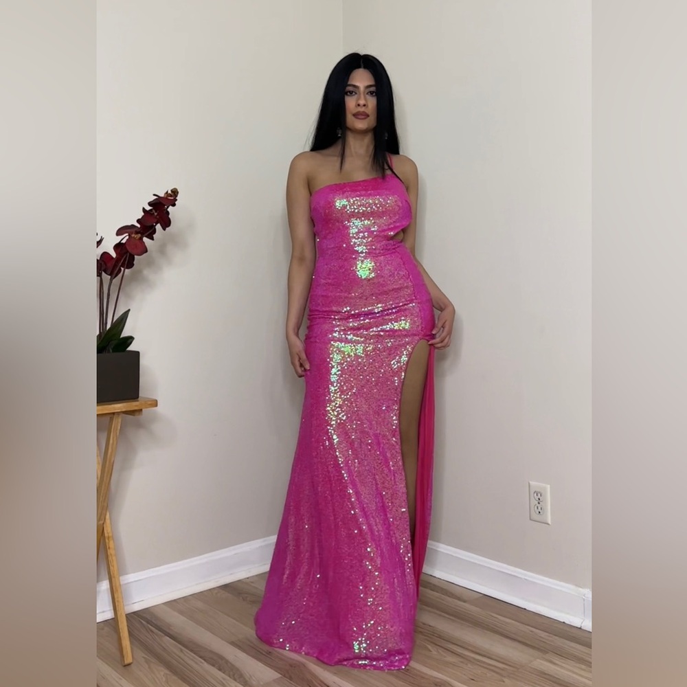 Pink sequin long formal dress with slit / size small